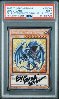 2025 YU-GI-OH! BLMM-1ST EDITION BLUE-EYES WHITE DRAGON ERIC STUART PSA 7 AUTO 10 - Image 1