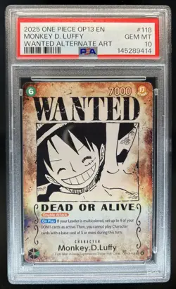 2025 One Piece Carrying On Will Monkey D Luffy Wanted Alt Art #OP13-118 PSA 10 - Image 1