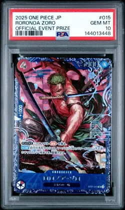2025 ONE PIECE JAPANESE PROMOS OFFICIAL EVENT PRIZE #015 RORONOA ZORO PSA 10 - Image 1