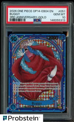 2026 One Piece OP14-EB04 EN 3rd Anniversary Gold #051 Buggy PSA 10 GEM MINT - Image 1