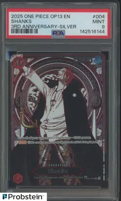 2025 One Piece OP13 EN 3rd Anniversary Silver #004 Shanks PSA 9 MINT - Image 1