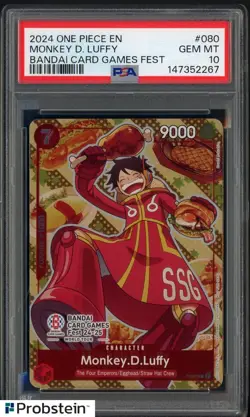 2024 One Piece EN Bandai Card Game Fest #080 Monkey D. Luffy PSA 10 GEM MINT - Image 1