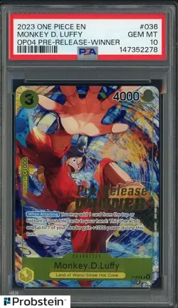 2022-23 One Piece Promo P036 Monkey D Luffy Pre-Release Tournament Winner PSA 10 - Image 1