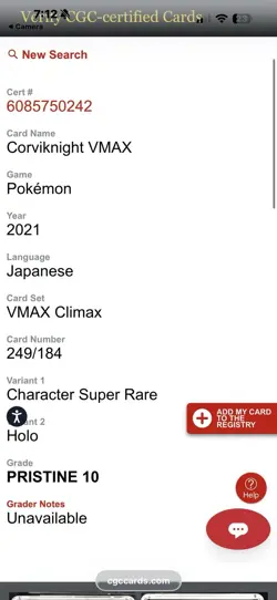 ✨✨ CGC 10 Pristine Corviknight VMAX 249/184 CSR VMAX Climax s8b Pokemon Card - Image 3
