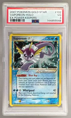 144855548 Vaporeon Gold Star 2007 Pokemon EX Power Keepers #102 Holo PSA 3 - Image 1