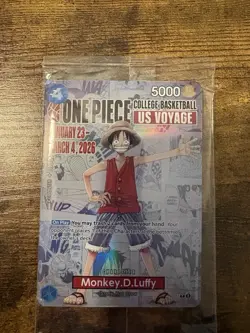 Bandai One Piece CCG Monkey.D.Luffy US Voyage Promo Card Holo 5000 Power - Image 1