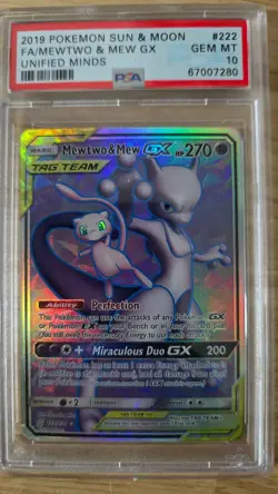 2019 POKEMON SUN & MOON UNIFIED MINDS FA/MEWTWO & MEW GX #222 PSA 8 - Image 1