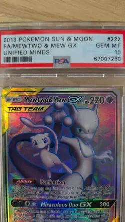 2019 POKEMON SUN & MOON UNIFIED MINDS FA/MEWTWO & MEW GX #222 PSA 8 - Image 2