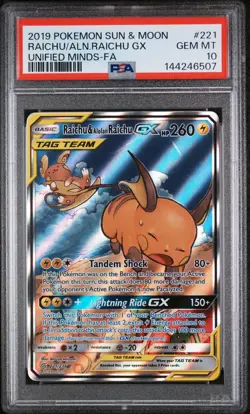 2019 POKEMON SUN & MOON UNIFIED MINDS FULL ART/RAICHU & ALOLAN RAICHU GX PSA 10 - Image 1