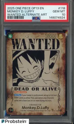 #1 2025 One Piece OP13 EN Wanted Alternate Art #118 Monkey D Luffy PSA 10 - Image 1