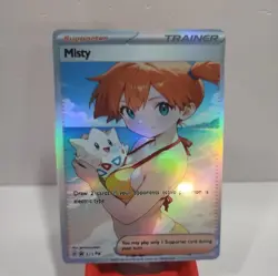 Custom holo Misty Trainer Pokemon Trading Card sleeve & card top loader custom! - Image 1