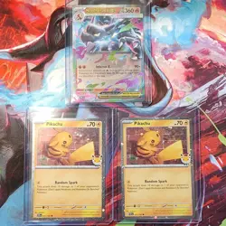 Pokemon TCG 3 Card Lot Pikachu 2026 anniversary stamp/Mega Charizard X ex - Image 1