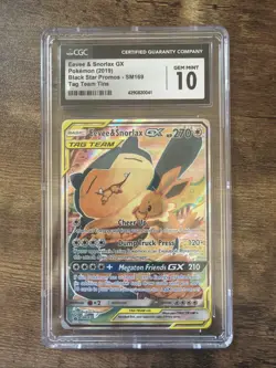 CGC 10 GEM MINT Eevee & Snorlax GX Black Star Promos SM169 Tag Team Pokemon Card - Image 1