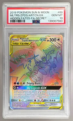 139007560 Moltres Zapdos Articuno GX 2019 Pokemon SM Hidden Fates #69 PSA 10 - Image 1