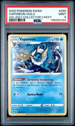 2020 POKEMON #30 VAPOREON Cosmos Holo 2021 Collector Chest PSA 9 - Image 1