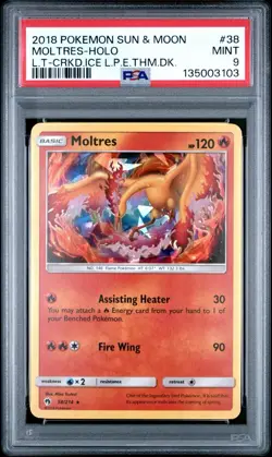 2018 Pokemon Sun & Moon Lost Thunder Moltres Cracked Ice Promo Holo #38 PSA 9 - Image 1