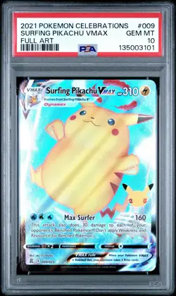 2021 POKEMON CELEBRATIONS #009 FULL ART/SURFING PIKACHU VMAX PSA 10 - Image 1