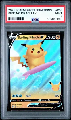 2021 Pokemon Celebrations #008 Surfing Pikachu V PSA9 - Image 1