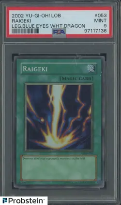 2002 Yu-Gi-Oh! LOB Leg. Blue Eyes White Dragon #053 Raigeki PSA 9 MINT - Image 1