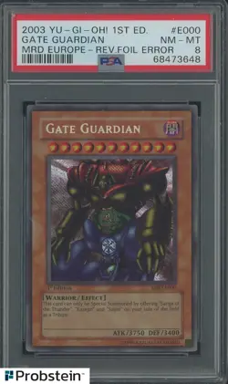 2003 Yu-Gi-Oh! 1st Ed MRD Europe Rev. Foil Error #E000 Gate Guardian PSA 8 - Image 1