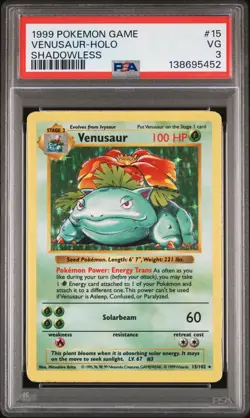 1999 POKEMON BASE SET SHADOWLESS #15 VENUSAUR-HOLO PSA 3 - Image 1