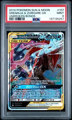 Pokemon Sun & Moon Unbroken Bonds Greninja Zoroark GX #107/214 2019 PSA 9 - Image 1