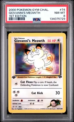 2000 Pokemon Gym Challenge #74 Giovanni's Meowth 1st Edition PSA 8 NM-MT - Image 1