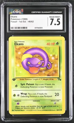 Pokemon Card Ekans 46/62 1st Edition Fossil 1999 CGC 7.5 NM+ - Image 1