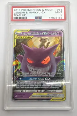 Pokemon Gengar & Mimikyu GX TAG TEAM Holo Sun & Moon Team Up 53/181 PSA 9 - Image 1