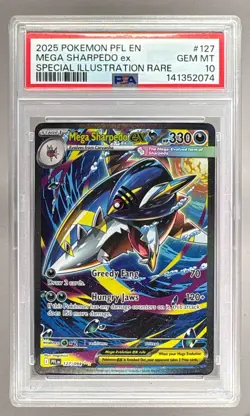 141352074 Mega Sharpedo ex 2025 Pokemon Phantasmal Flames #127 SIR PSA 10 - Image 1