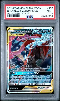 POKEMON 2019 GRENINJA & ZOROARK GX SUN & MOON UNBROKEN BONDS #107 PSA 9 - Image 1