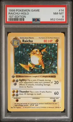 1999 POKEMON BASE SET 1ST EDITION #14 RAICHU-HOLO PSA 8 - Image 1