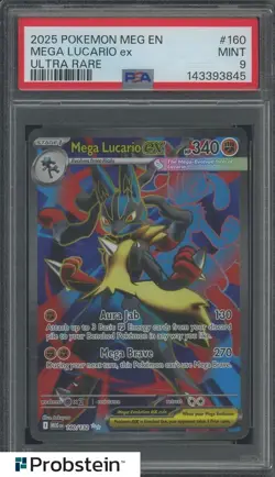 2025 Pokemon Meg EN #160 Mega Lucario ex Ultra Rare PSA 9 MINT - Image 1