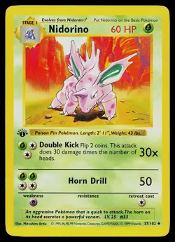 Pokemon Card - Nidorino Base Set (Shadowless) 37/102 Uncommon 1st Edition - Image 1