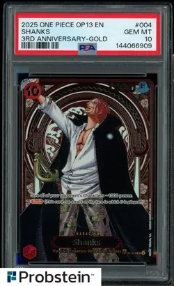 2025 One Piece OP13 ENGLISH 3rd Anniversary Gold #004 Shanks PSA 10 GEM MINT - Image 1