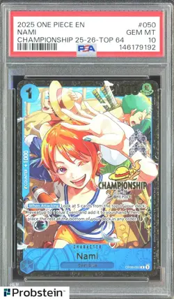 TCG 2025 One Piece EN Championship 25-26 Top 64 #050 Nami PSA 10 GEM MINT - Image 1