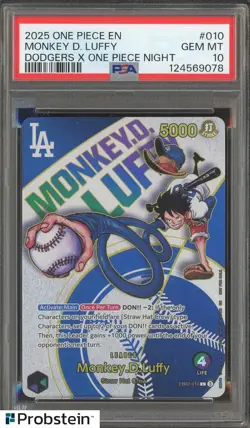 2025 One Piece EN Dodgers X One Piece Night #010 Monkey D. Luffy PSA 10 GEM MINT - Image 1