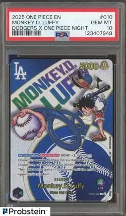 2025 One Piece EN Dodgers X One Piece Night #010 Monkey D. Luffy PSA 10 GEM MINT - Image 1