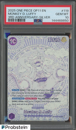 2025 ONE PIECE OP11 MONKEY D LUFFY 3RD ANNIVERSARY SILVER OP05-119 PSA 10 - Image 1