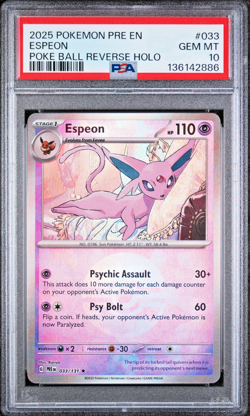 PSA 10!!! Gem Mint Espeon Pokemon PRISMATIC EVOLUTIONS Poke Ball Reverse Holo - Image 1