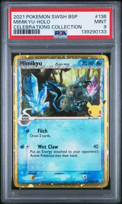 MIMIKYU HOLO PSA 9 2021 POKEMON SWSH BLACK STAR PROMOS #SWSH136 CELEBRATIONS - Image 1