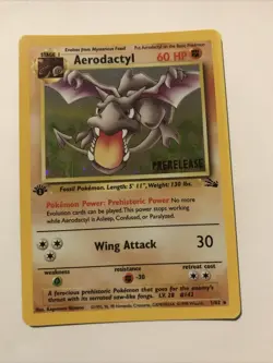 1st Edition Aerodactyl 1/62 PRERELEASE Brown Stamp Fossil Holo 1999 Pokemon Card - Image 1