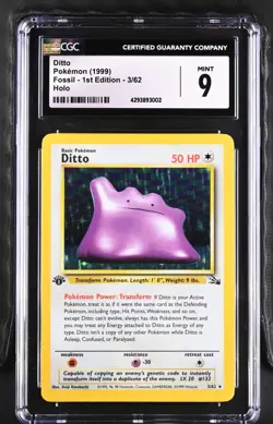 1999 POKEMON FOSSIL 1ST EDITION HOLO #3/62 DITTO CGC 9 MINT - Image 1