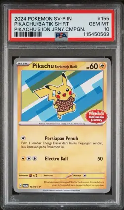 PSA 10 Pikachu Berkemeja Batik 155/SV-P Indonesia Journey Promo Pokemon Card B - Image 1