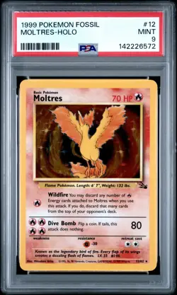 Pokemon PSA 9 Mint Moltres Holo 12/62 Unlimited Fossil - Image 1