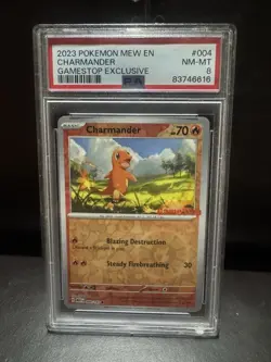 2023 POKEMON MEW EN CHARMANDER GAMESTOP EXCLUSIVE REVERSE HOLO PSA 8 NM MT - Image 1