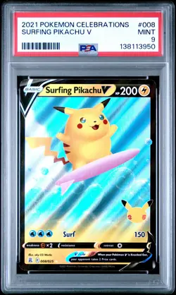 2021 Pokemon Celebrations #008 Surfing Pikachu V PSA9 - Image 1
