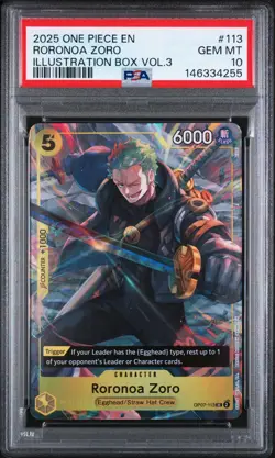 2025 ONE PIECE PROMOS #113 RORONOA ZORO ILLUSTRATION BOX VOL.3 PSA 10 GEM MINT - Image 1