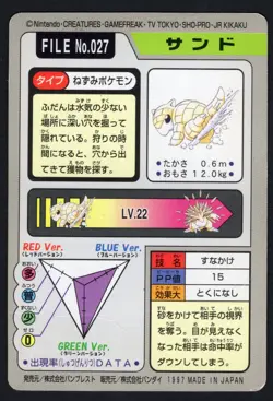 Sandshrew File No. 027 Carddass Japanese Pokemon Pocket Monsters 1997 Glossy HP - Image 2