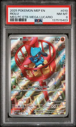 2025 POKEMON MEGA EVOLUTION POKEMON CENTER ETB PROMO #010 RIOLU PSA 8 - Image 1